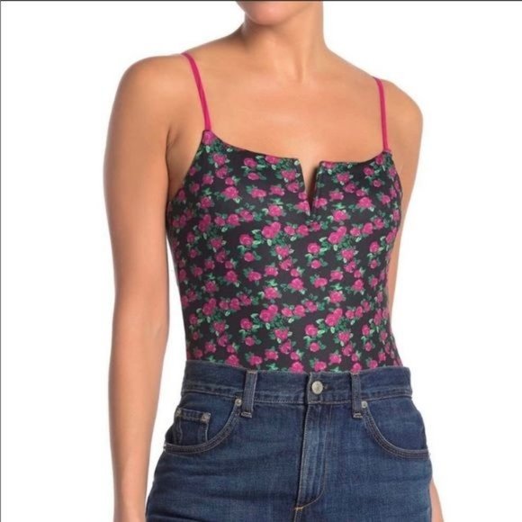 WAYF Spaghetti Strap Black Thong Bodysuit with Pink flowers, Notch Collar, Large - Picture 1 of 8